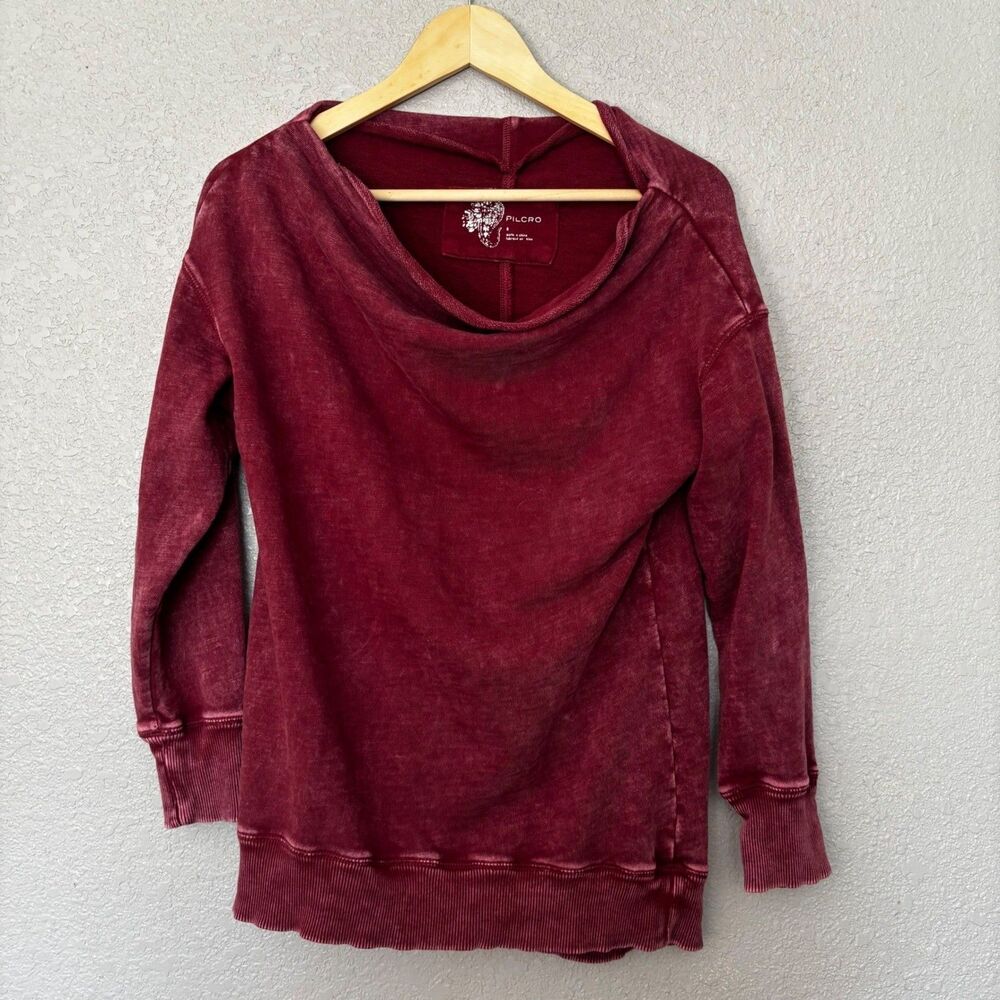 PILCRO Women Burgundy Cowl Neck Distressed Sweatshirt Tunic Top Size S